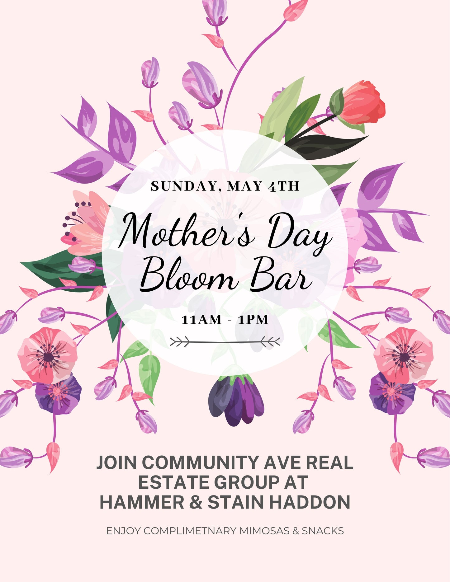 5/4/2025 - Sunday - 11-1pm Mother's Day Bloom Bar - COMMUNITY AVE REAL ESTATE GROUP