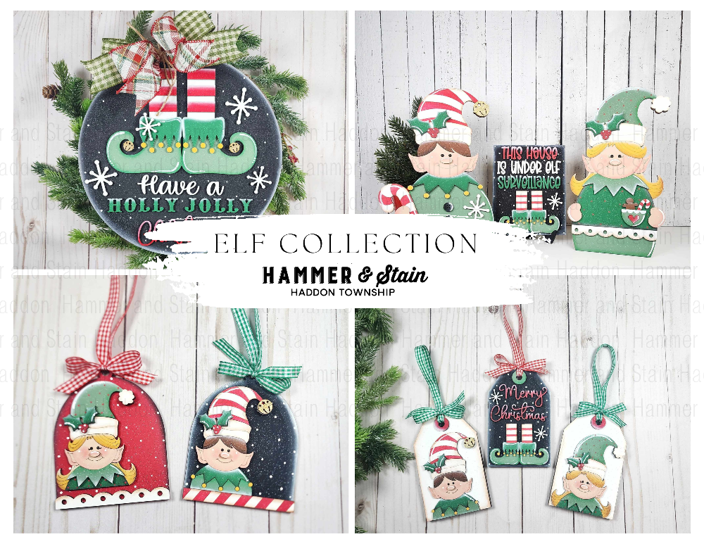 Collage of Christmas-themed decorations featuring elves and text, with 'Hammer & Stain' branding.