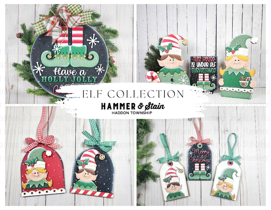 Collage of Christmas-themed decorations featuring elves and text, with 'Hammer & Stain' branding.