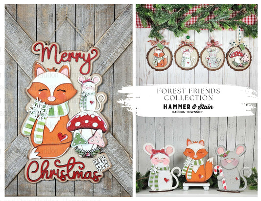 Forest Friends Christmas door hanger with fox, mouse, and mushroom design on a wooden background.