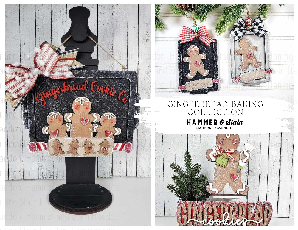 Gingerbread-themed door hanger with 'Gingerbread Cookie Co.' branding on a wooden background.