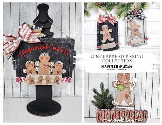 Gingerbread-themed door hanger with 'Gingerbread Cookie Co.' branding on a wooden background.