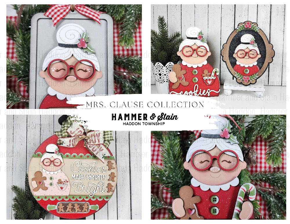 Collage of Christmas-themed decorations featuring Mrs. Clause with a brand name 'Hammer & Stain' displayed.