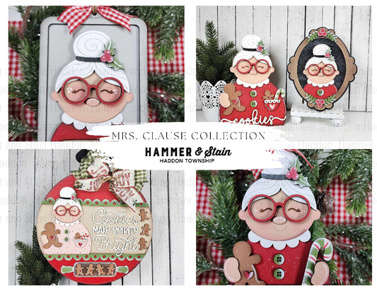 Collage of Christmas-themed decorations featuring Mrs. Clause with a brand name 'Hammer & Stain' displayed.