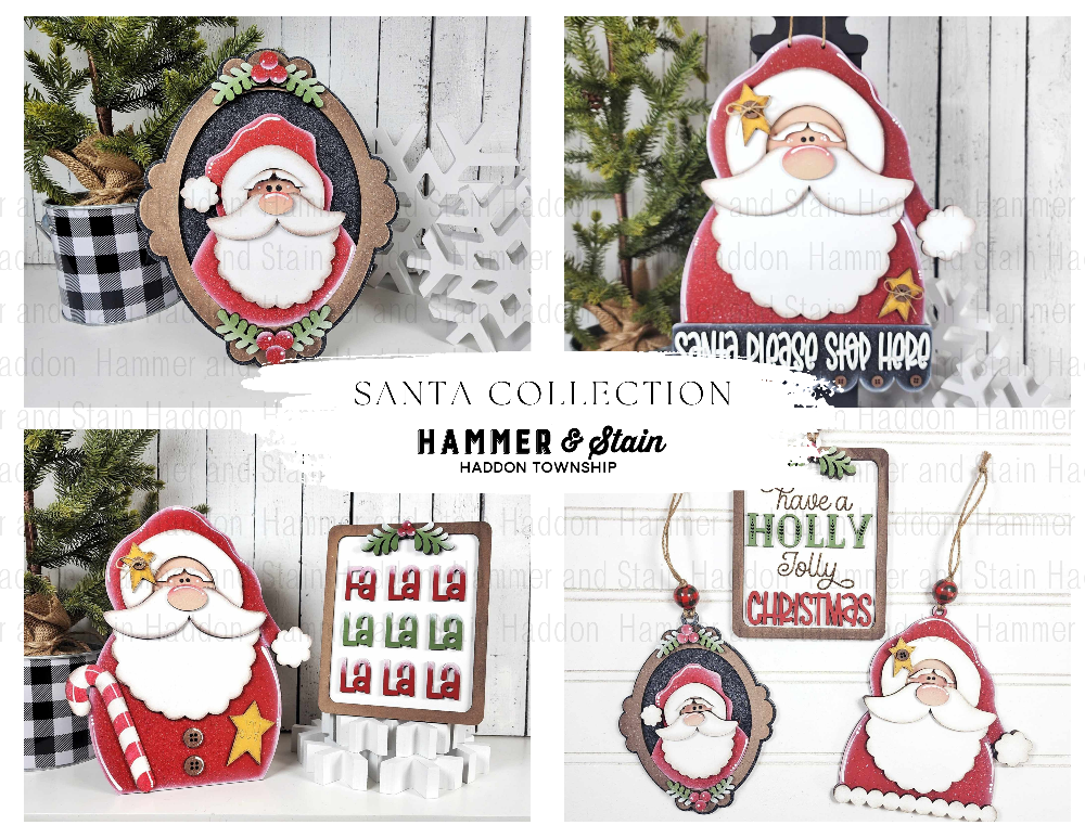 Collage of Christmas-themed decorations featuring Santa Claus with 'Hammer & Stain' branding.